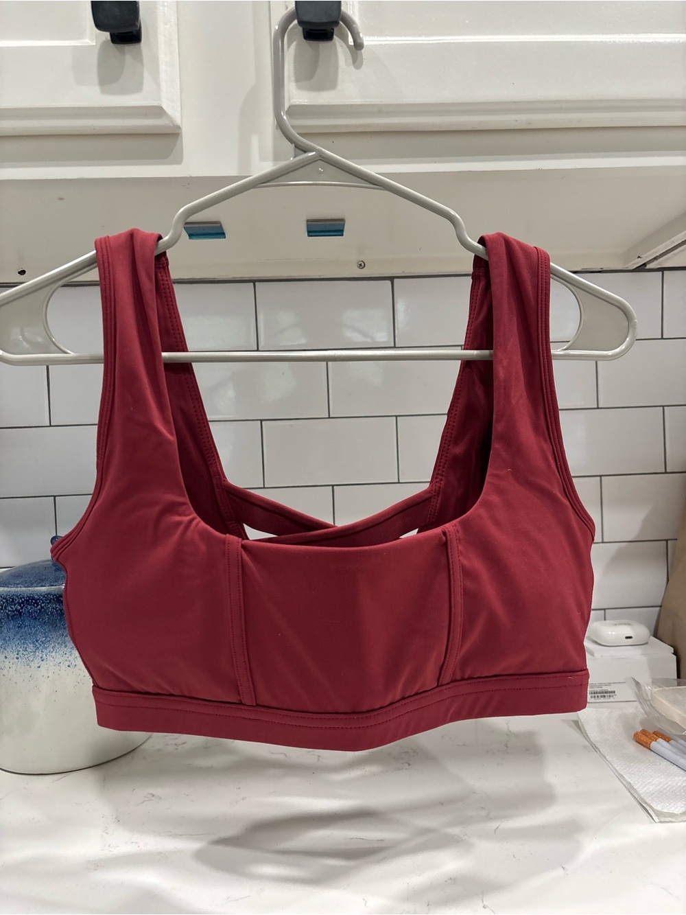 POPFLEX Scoop-Neck Crisscross Back Sports Bra in Deep Rose